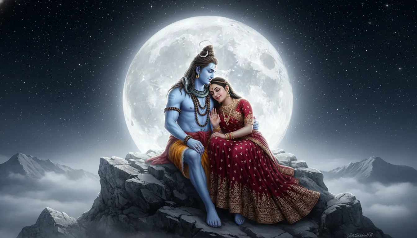 Glowing figures of Shiva and Parvati embracing affectionately amidst cosmic clouds and moonlight
