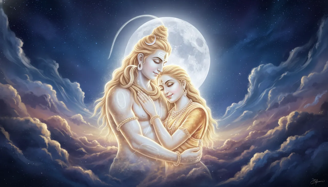 Glowing figures of Shiva and Parvati embracing affectionately amidst cosmic clouds and moonlight
