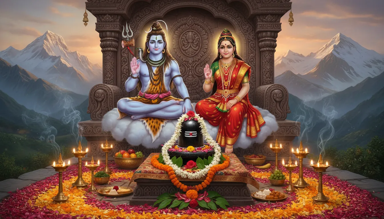 Lord Shiva and Goddess Parvati with floral decorations and glowing lamps around Lingam
