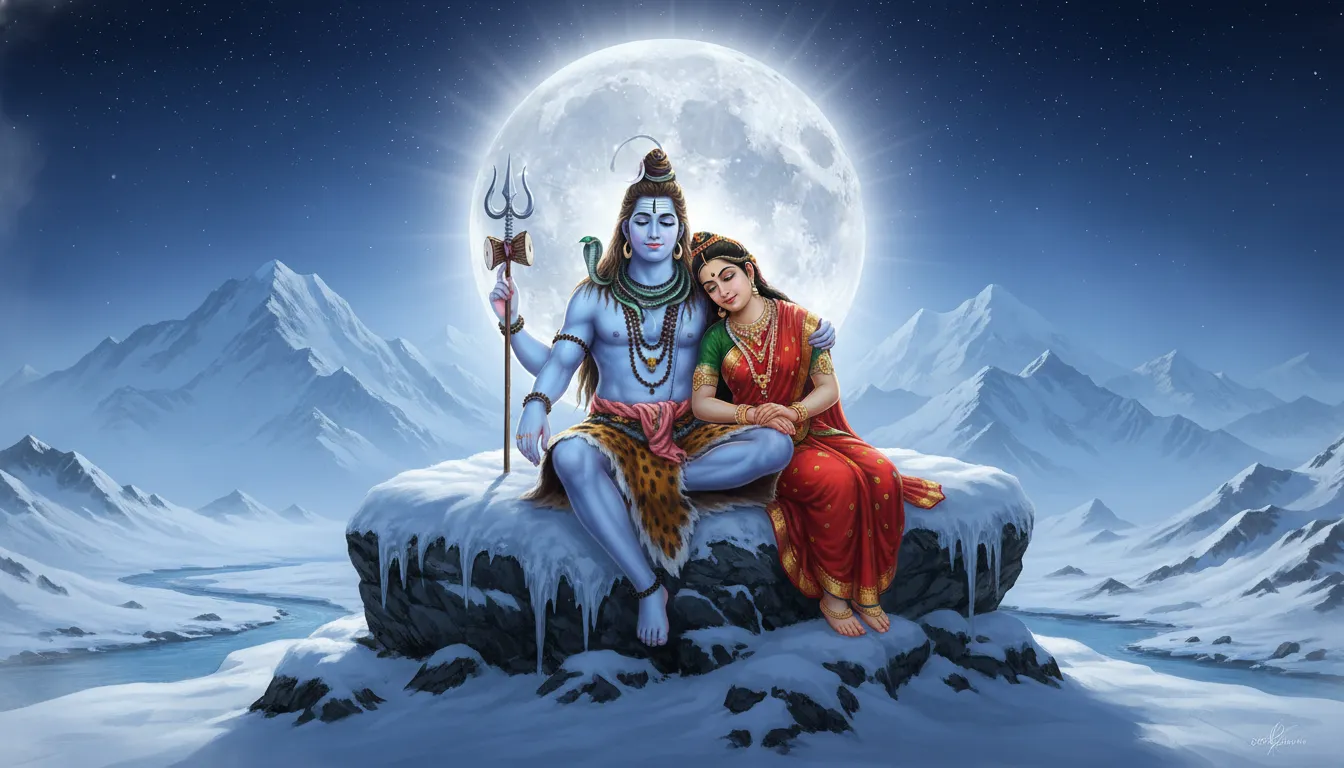 Shiva and Parvati sitting majestically on a snowy throne under a bright lunar sky