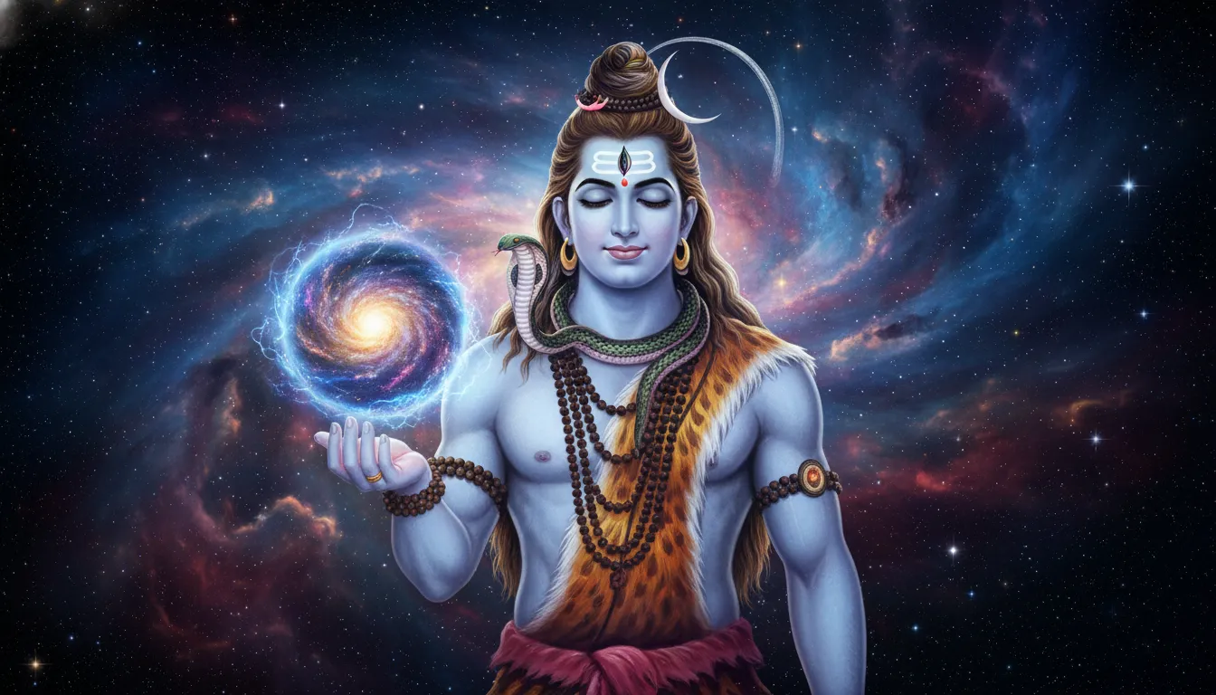 Lord Shiva holding a glowing cosmic energy sphere in his hand.