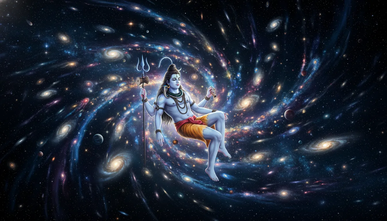 Cosmic Lord Shiva artwork with galaxy and universe background.