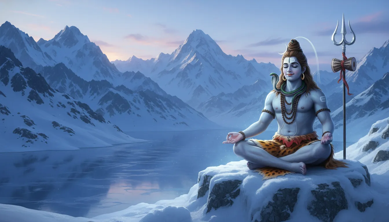 Lord Shiva meditating in snowy mountain landscape