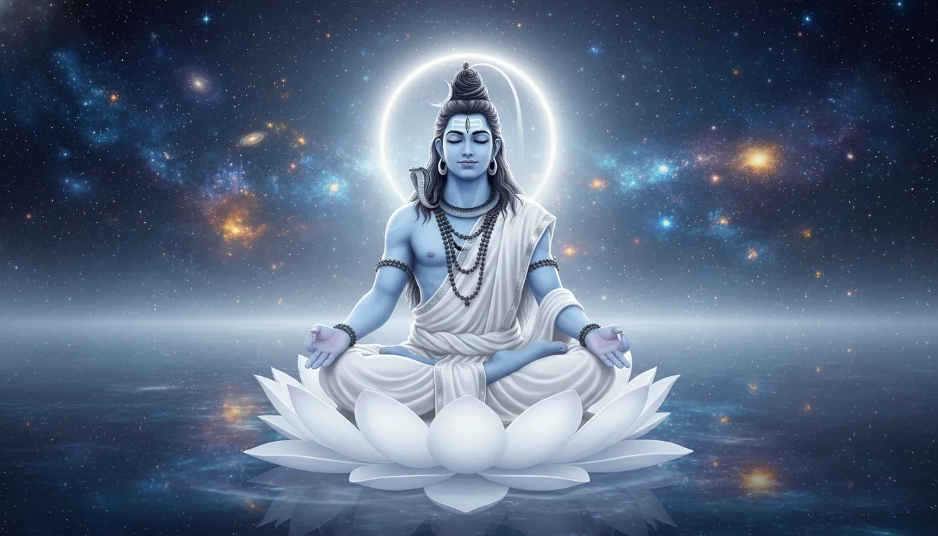 Lord Shiva wearing a white dress sitting on a lotus flower floating in a cosmic ocean under stars.