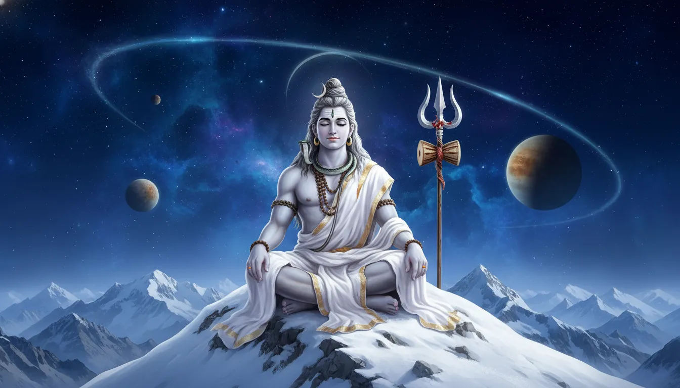 Lord Shiva wearing a sacred white dress sitting on a bright snow-covered Kailash mountain top.