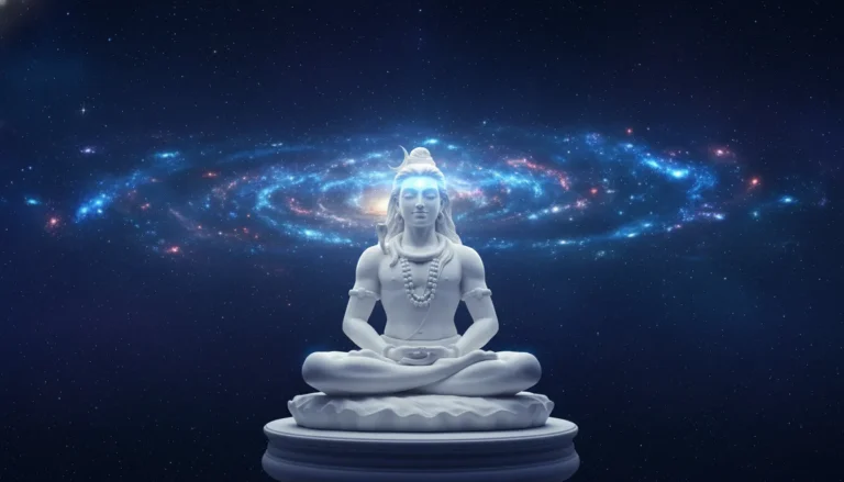White marble Shiva statue meditating with blue cosmic energy glow