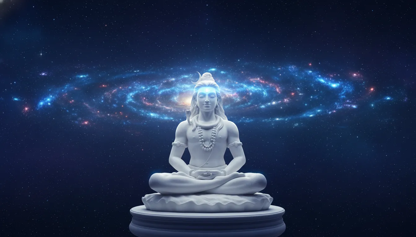 White marble Shiva statue meditating with blue cosmic energy glow