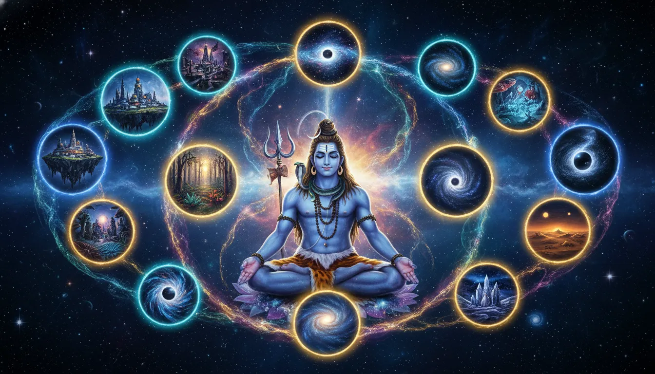 Modern multiverse-inspired Lord Shiva with cosmic portals and glowing energy.