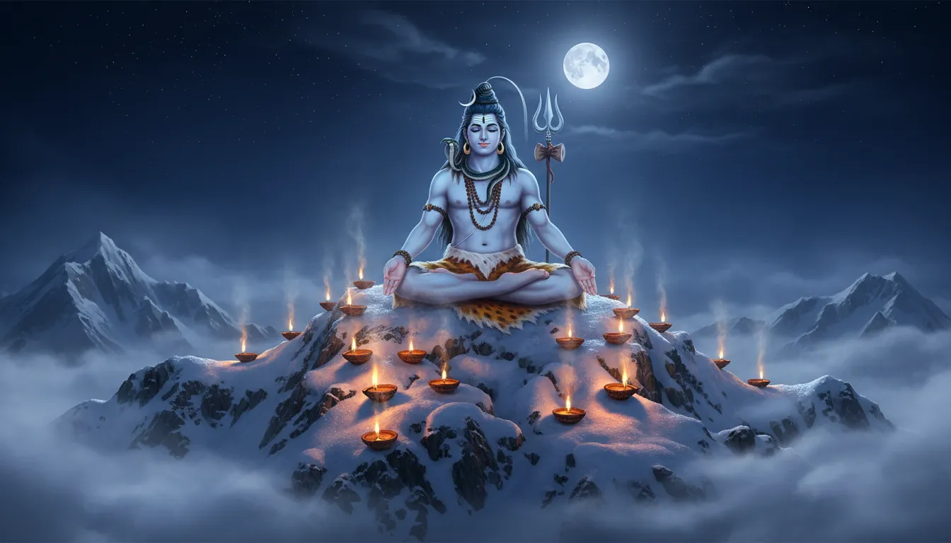 Lord Shiva seated on Mount Kailash surrounded by snow and oil lamps.