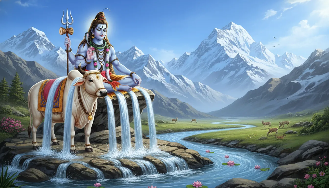 shiva on nandi with ganga river flowing from his hair sacred scene
