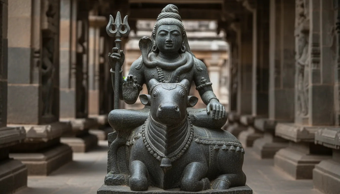 shiva on nandi with snake around neck traditional temple stone sculpture