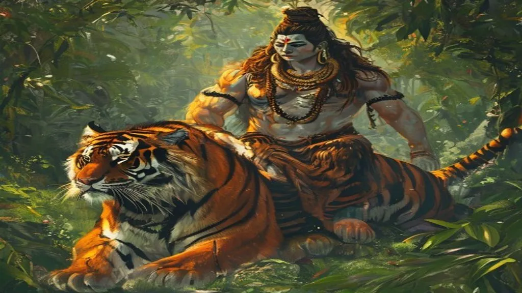 Shiva sitting on tiger near waterfall nature fantasy meditation art