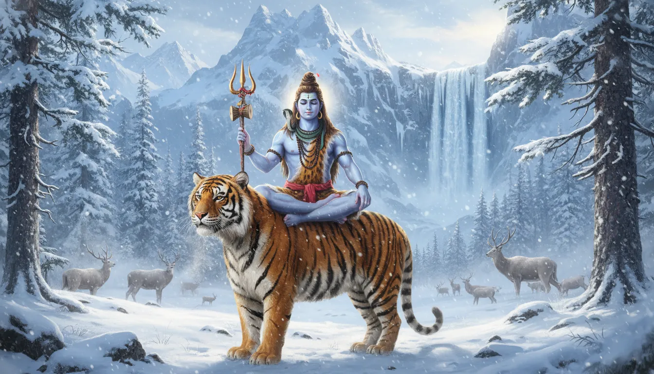 Shiva on tiger in fantasy jungle with ancient temple ruins background