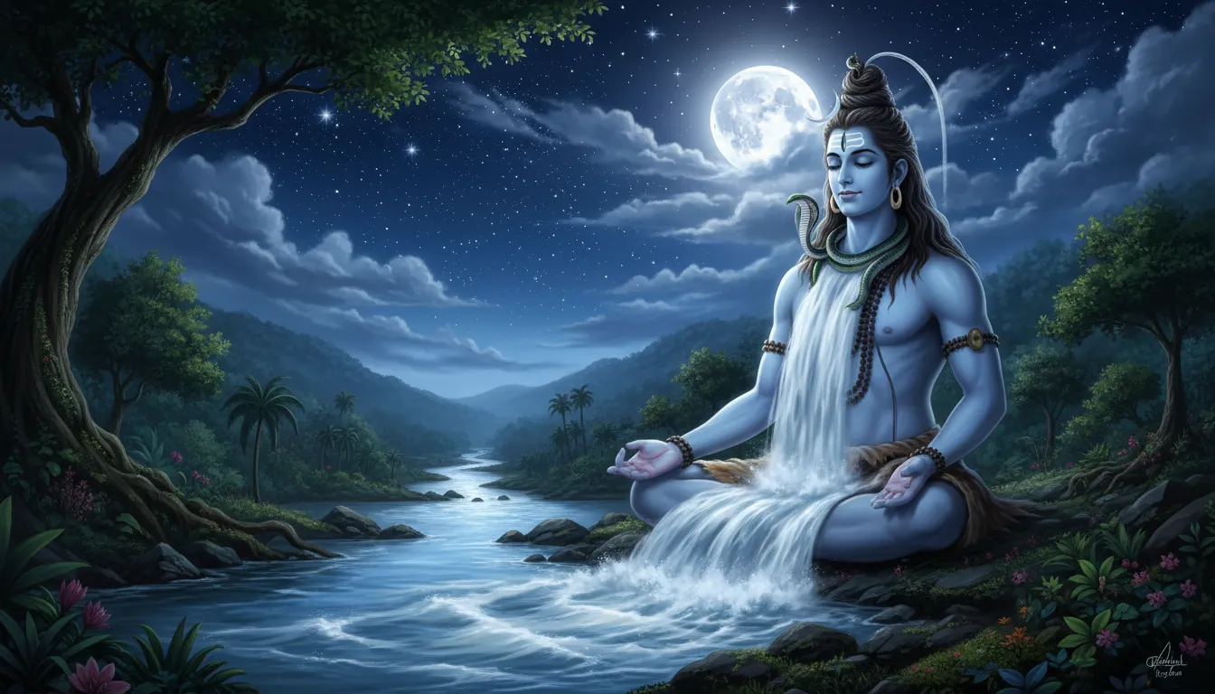Lord Shiva with the sacred Ganga flowing from his hair under the night sky.