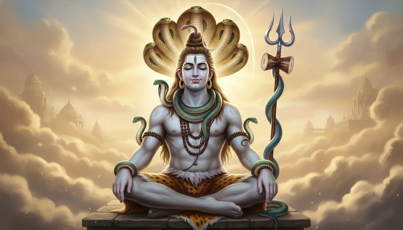 Lord Shiva with multiple serpents around neck and arms coiled