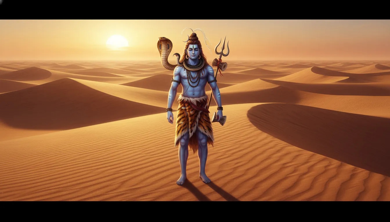 Lord Shiva with serpent around neck in arid desert landscape