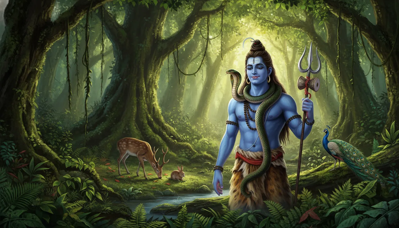 Lord Shiva with serpent around neck in dense green forest wilderness