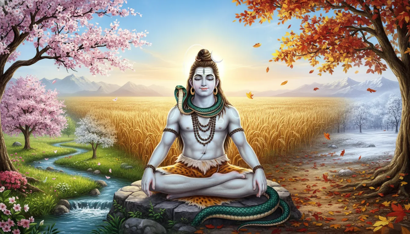 Lord Shiva with serpent around neck in landscape showing four seasons
