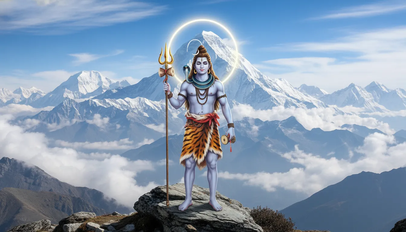 Lord Shiva with serpent around neck standing before Himalayan mountain range
