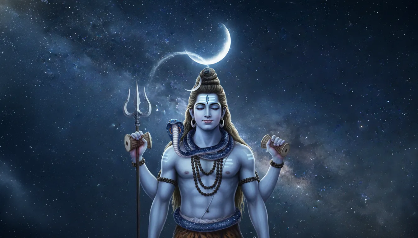 Lord Shiva with serpent around neck under night sky with stars and moon