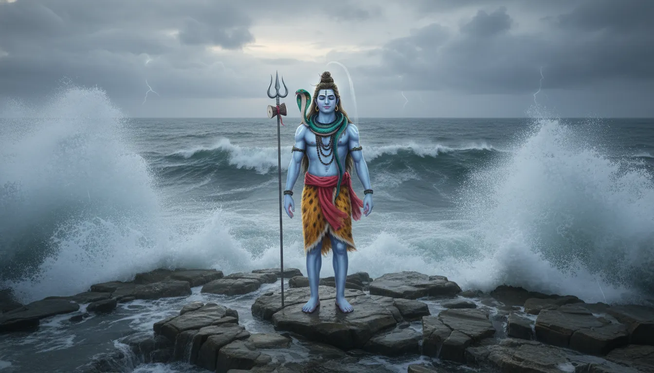 Lord Shiva with serpent around neck standing at ocean shore