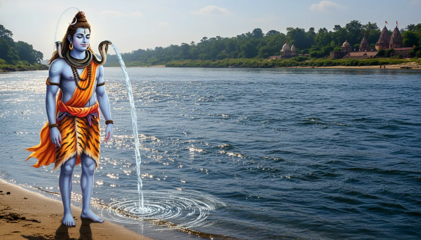 Lord Shiva with serpent around neck standing beside flowing Ganga river