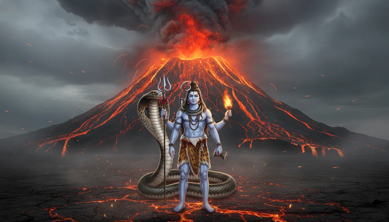 Lord Shiva with serpent around neck standing before active volcano