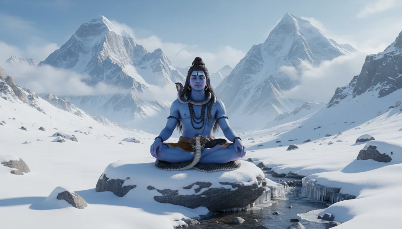 Lord Shiva with serpent in snowy Himalayan mountain landscape