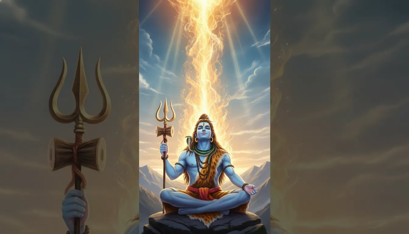 Lord Shiva holding trident with aura rising upward like flame or smoke