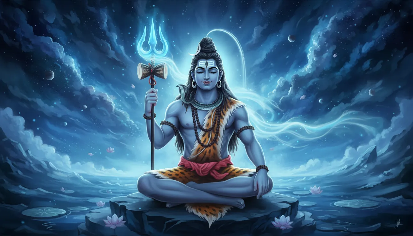Lord Shiva holding trident with calm blue light aura radiating