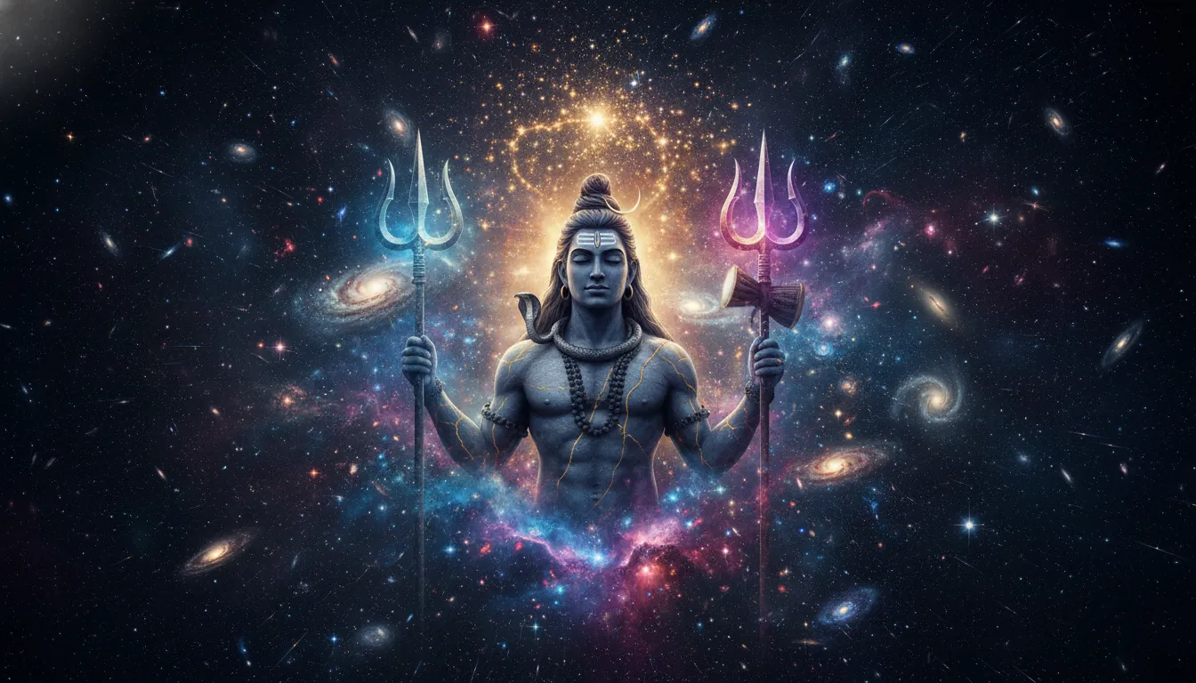 Lord Shiva holding trident with cosmic aura showing stars and galaxies