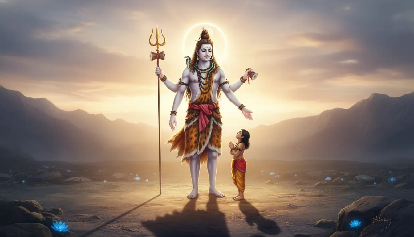 Lord Shiva holding trident with small devotee within his protective aura