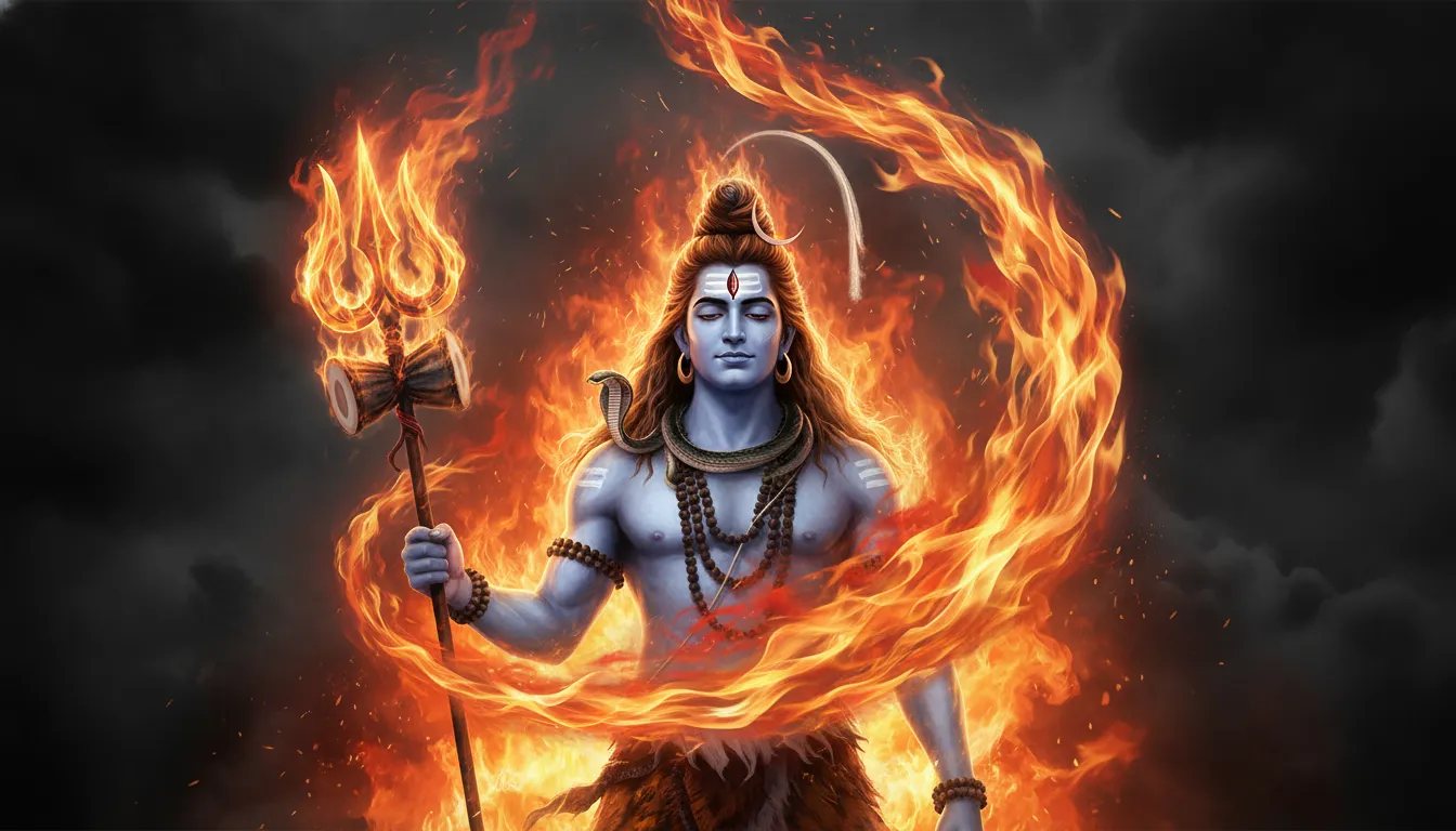 Lord Shiva holding trident with fire aura blazing around him