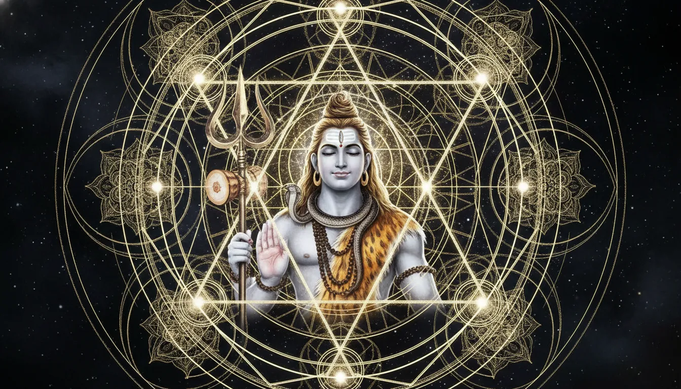 Lord Shiva holding trident with geometric mandala aura patterns