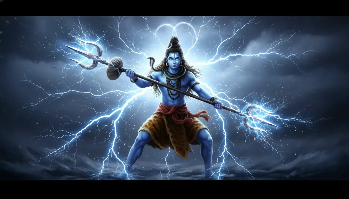 Lord Shiva holding trident with geometric mandala aura patterns
