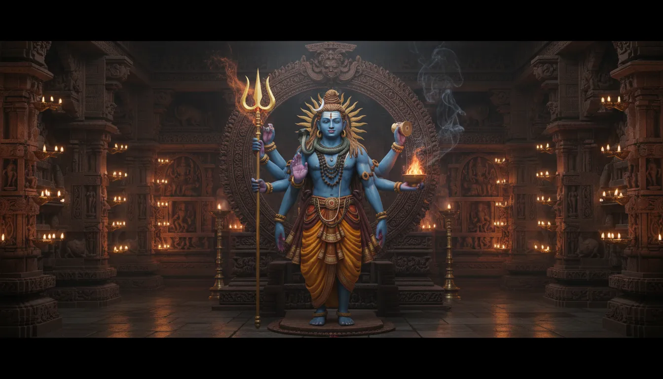 Lord Shiva holding a trident inside a dark temple with glowing oil lamps around him.