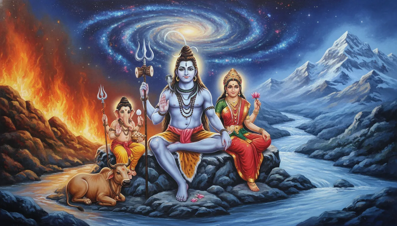 Lord Shiva holding trishul and damru with family on mountain