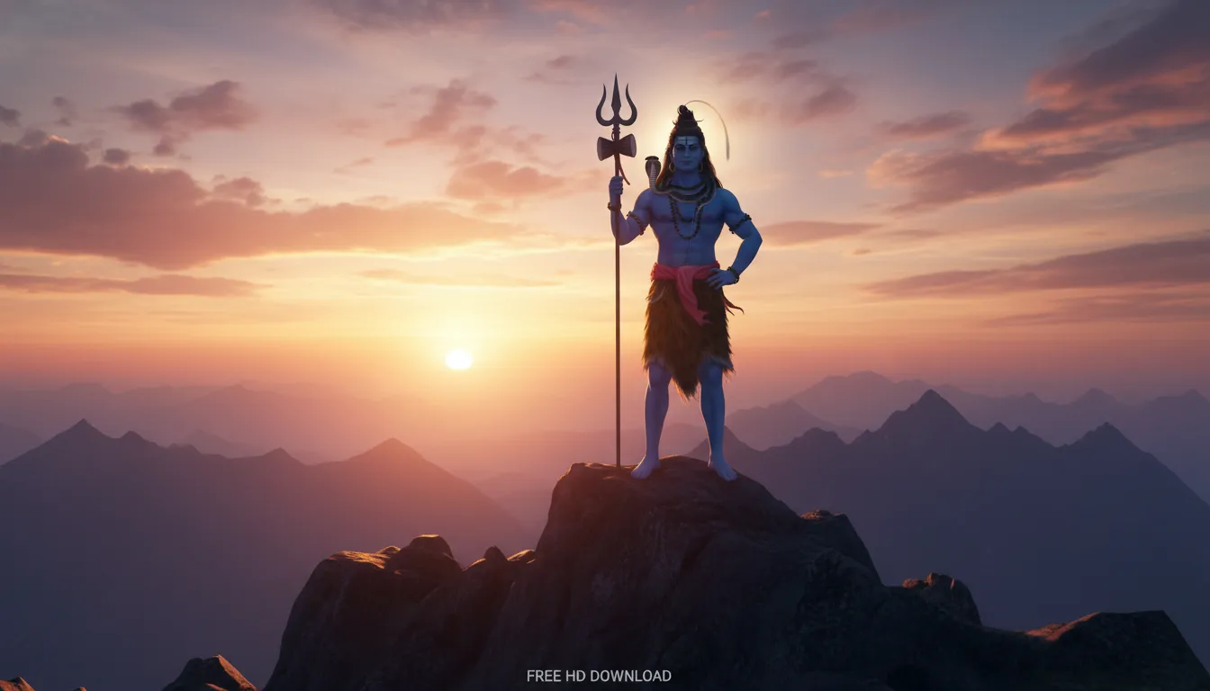 Shiva standing with trishul and serpent on mountain cliff at sunset