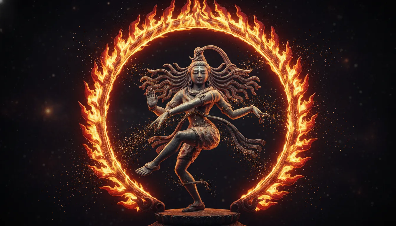 Lord Shiva surrounded by a perfect circle of sacred fire during his cosmic dance
