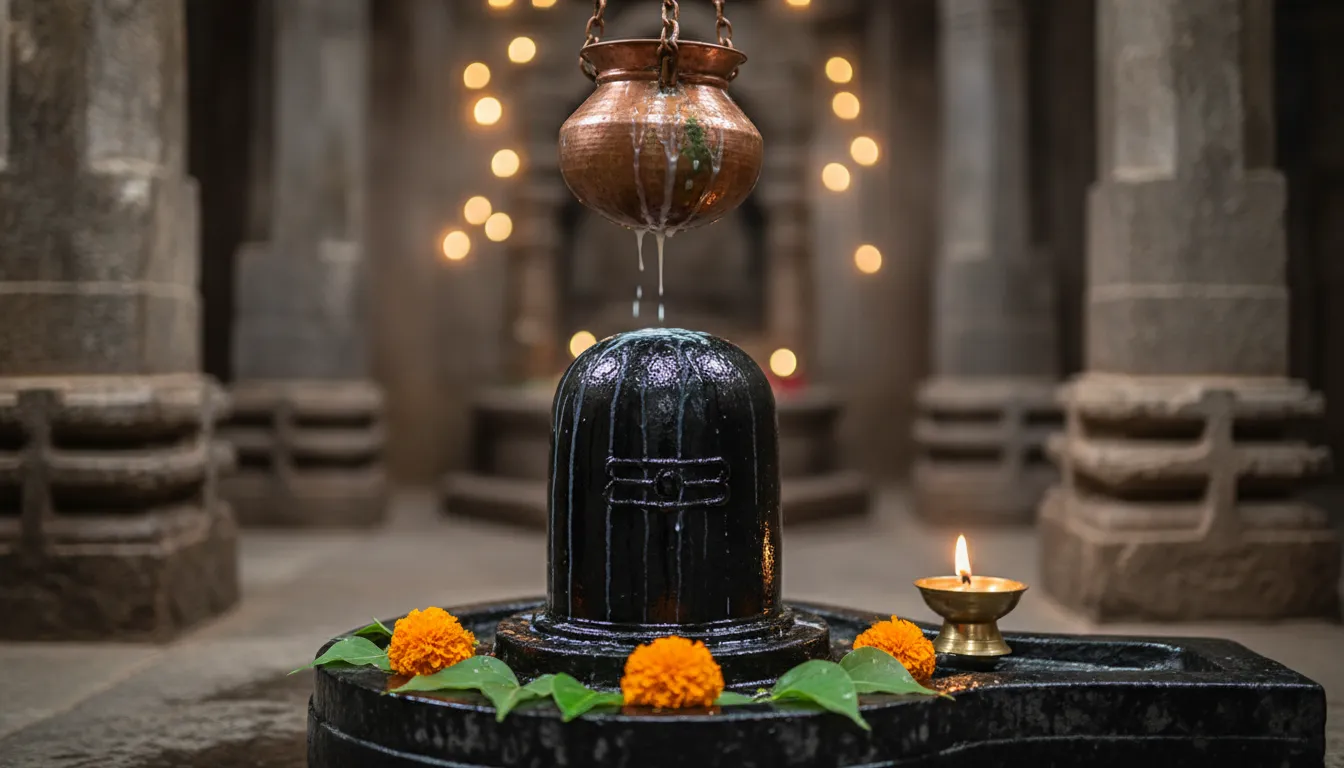 Holy Shiva Lingam decorated with flowers and bilva patra