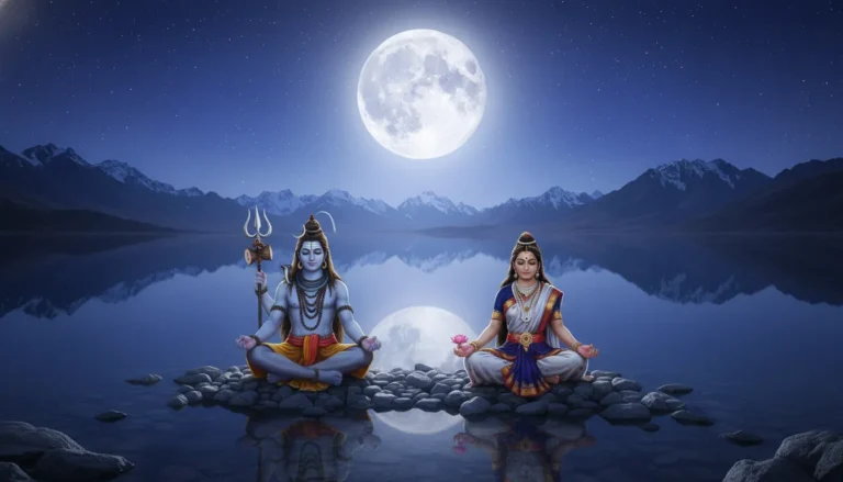 Shiva and Parvati sitting silently by a still lake reflecting the full moon and stars