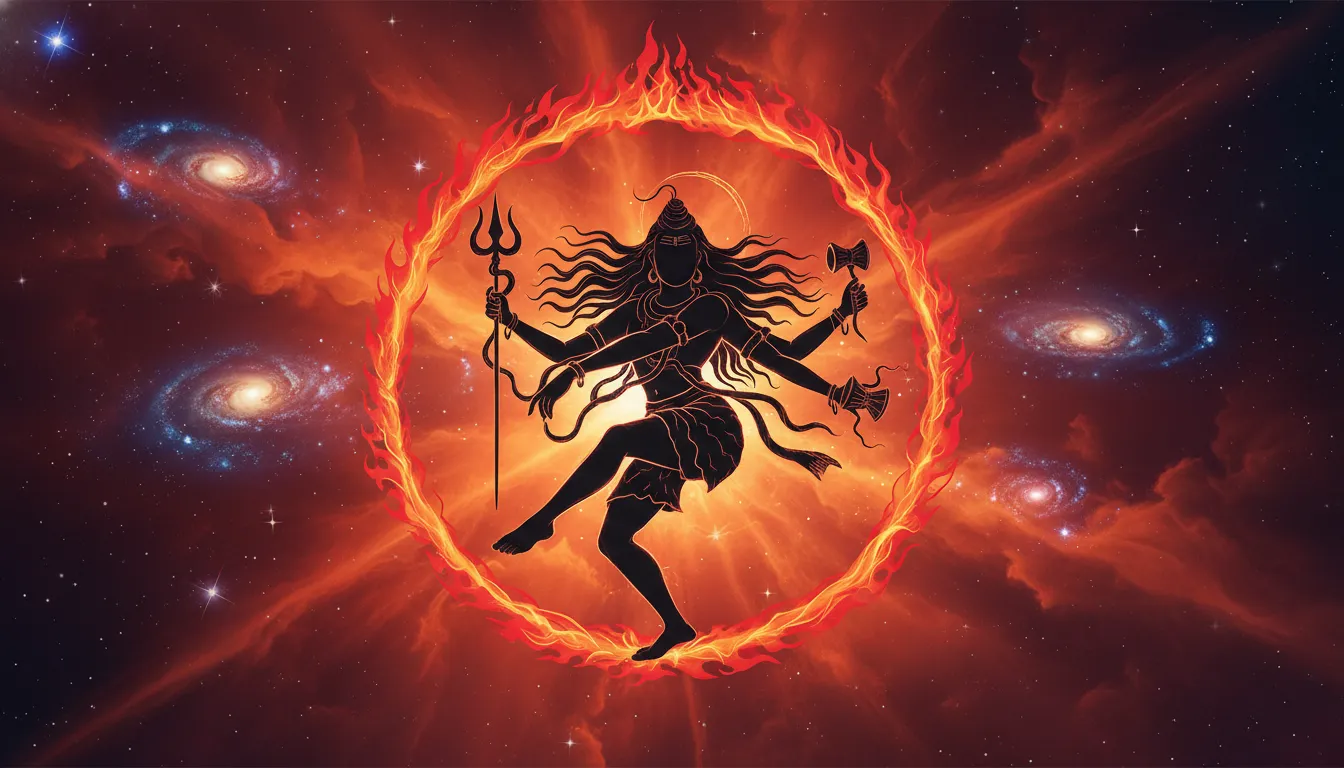 Dark silhouette of Lord Shiva performing the Tandava dance against a blazing sunset and cosmic ring of fire.