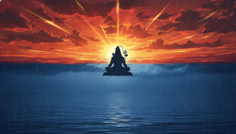 A minimalist silhouette of Lord Shiva sitting in meditation against a split sunset sky showing a fiery sun and a rainy blue horizon