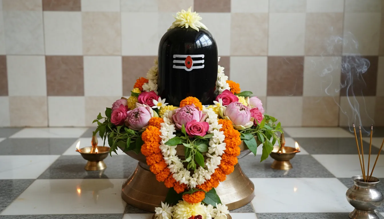 Shiva lingam with a silver cobra hood sculpture and floral offerings