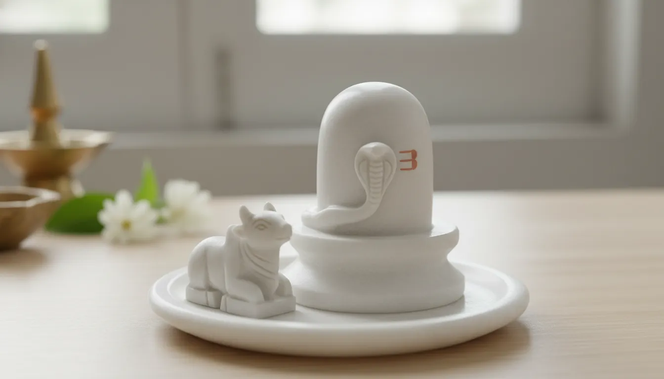 small white marble Shivling and Nandi statue set for home temple