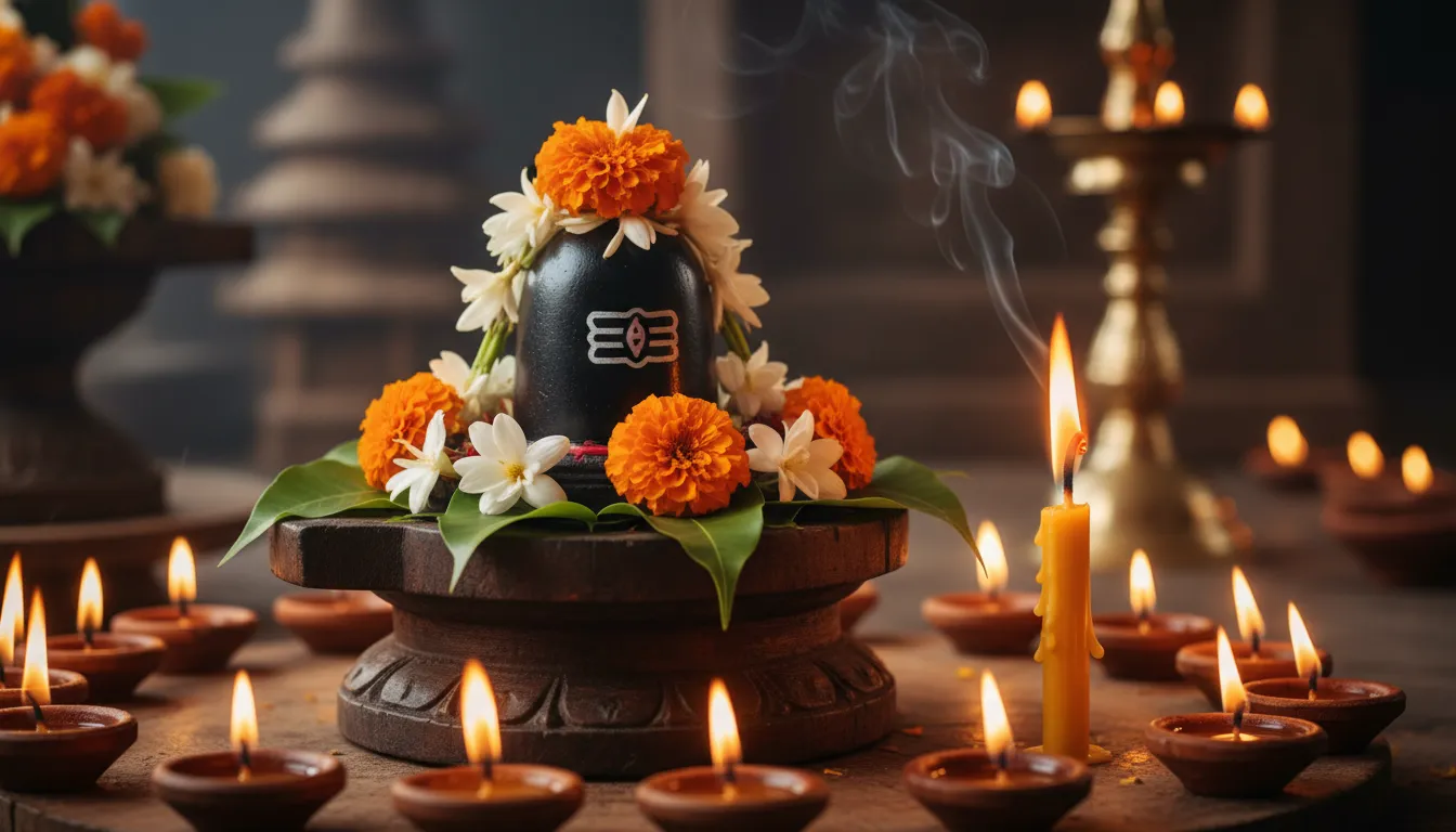 Small decorated Shiva Lingam with flowers and a glowing candle in foreground