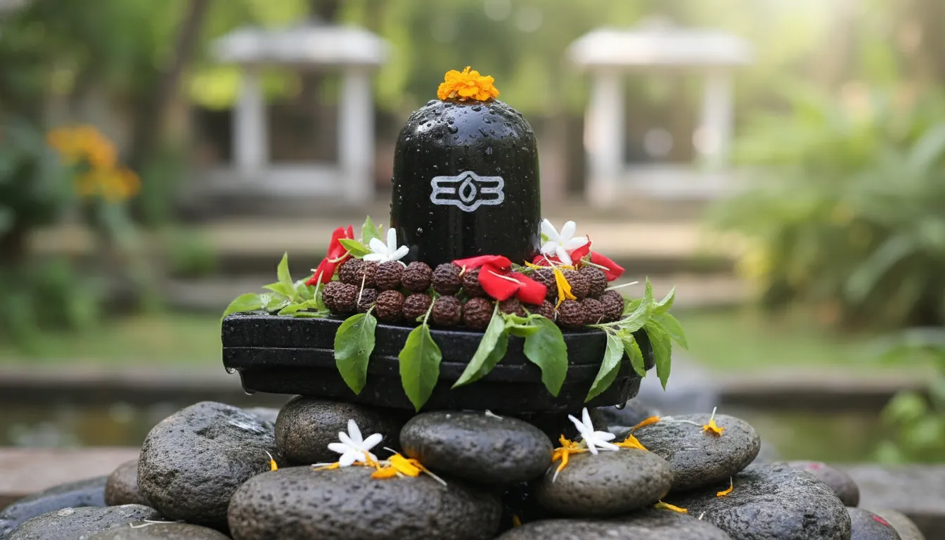 : small Shiva lingam decorated with rudraksha beads and flower petals