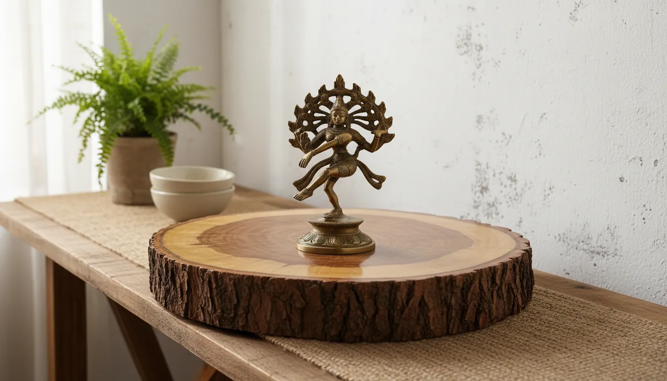 Small brass Nataraja statue displayed on a rustic round wooden log slice base