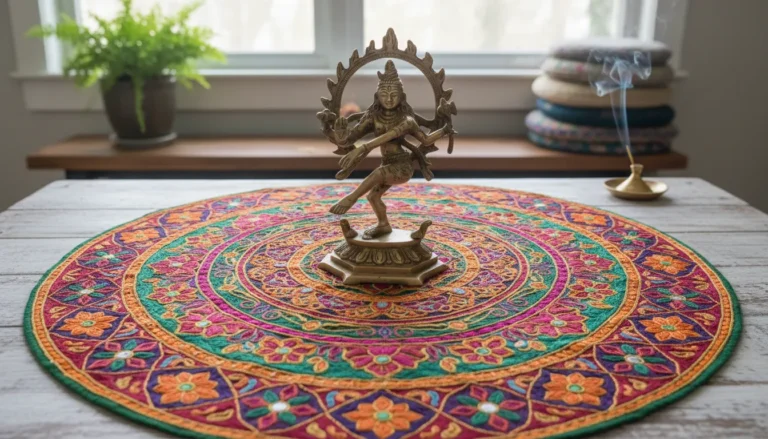 Small brass Shiva statue centered on a colorful traditional Indian mandala textile