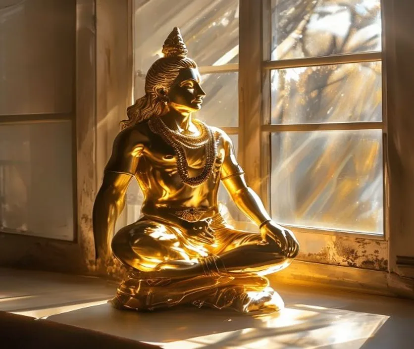 Small brass cosmic dancer Shiva statue illuminated by natural morning sunlight near a window
